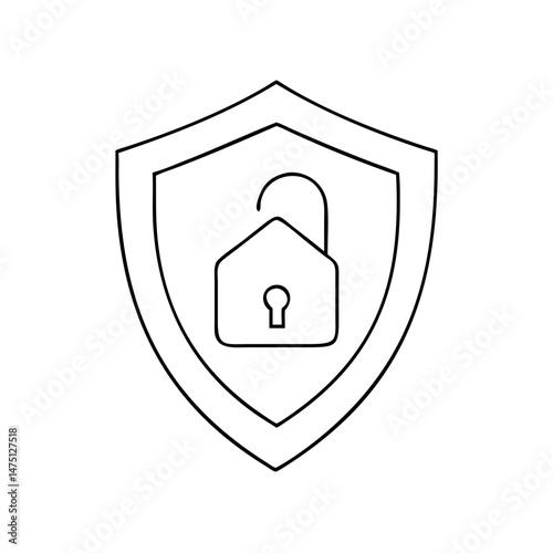 Vector outline illustration of a security shield with an unlocked padlock for cybersecurity and protection services