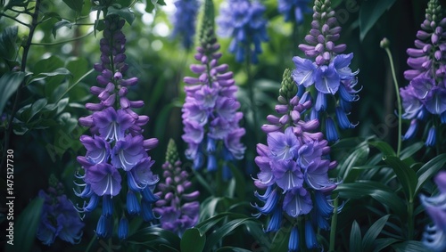Flowering Agapanthus with blue blooms in the garden photo