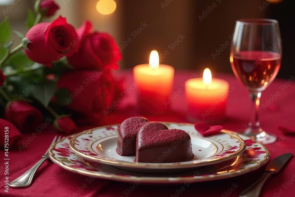 Romantic Valentine's Day dinner setting, candles, flowers, heart-shaped chocolates , table, celebration Romantic Valentine's Day dinner setting, candles, flowers, heart-shaped chocolates , table, celebration