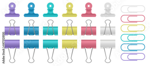 Set of multicolored binder clips, bulldog clips and paper clips. White, coral red, yellow, blue, teal and purple colors	
