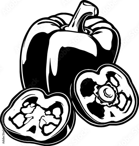 Black And White Illustration Of A Bell Pepper Sliced