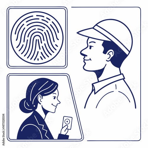 Vector illustration of biometric identification concept featuring fingerprint, professional profiles for security and HR
