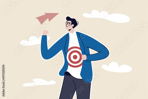 Recruitment target, head hunt, HR, human resources finding right candidate or target audience in marketing concept, businessman wearing eyeglasses tearing his suit reveal target symbol on his shirt.