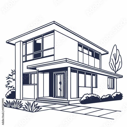 Vector outline drawing of a stylish house for architectural design, real estate marketing, and branding
