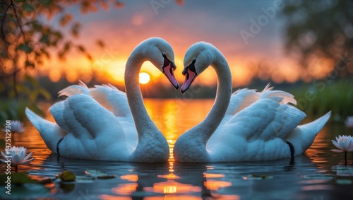 Fototapeta Naklejka Na Ścianę i Meble -  Beautiful white swan shaped like a heart on the lake at sunset, perfect for love and couple themes.