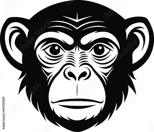 High detail silhouette black vector icon of animal character a Chimpanzee head with smooth edges