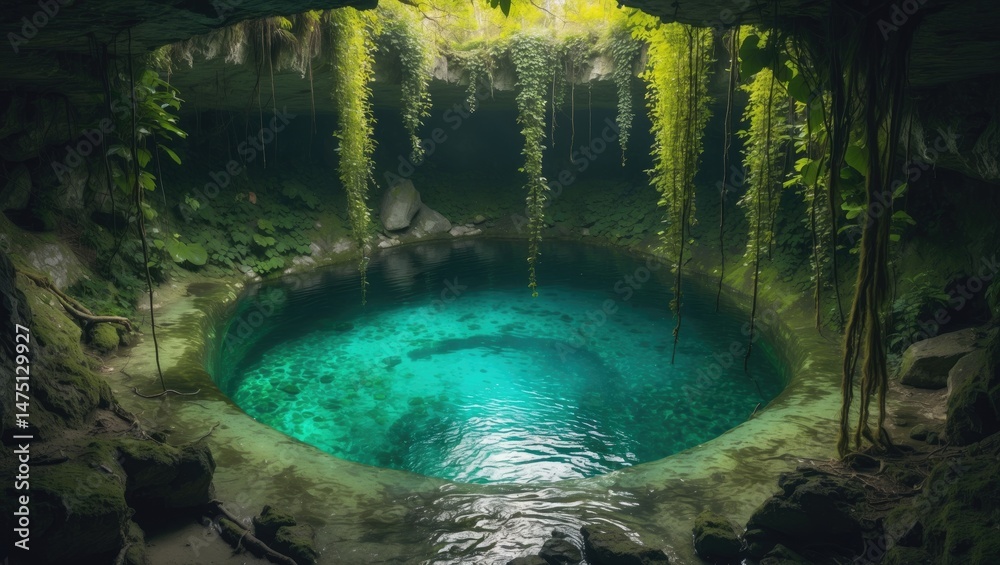 Enchanting cenote showcasing crystal-clear turquoise waters and dangling roots Enchanting cenote showcasing crystal-clear turquoise waters and dangling roots