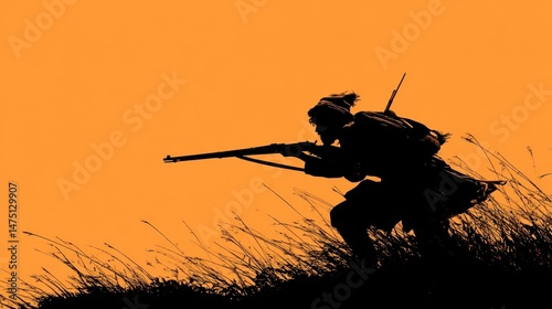 Silhouetted Boer guerrilla fighter aiming with a rifle during a twilight skirmish
