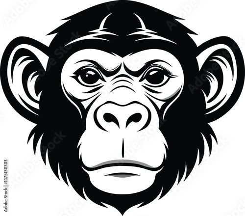 High detail silhouette black vector icon of animal character a Chimpanzee head with smooth edges