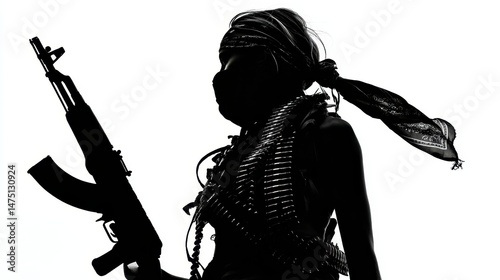Female guerrilla fighter stands strong with weapon in hand, silhouetted against a light background