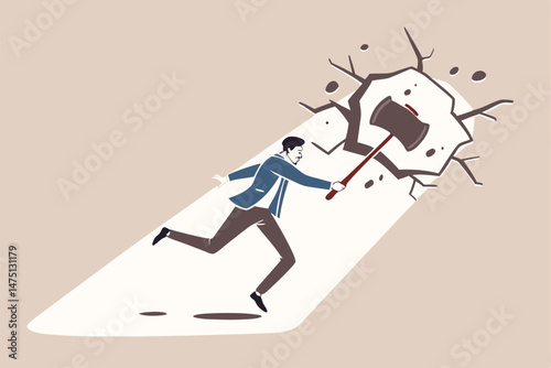 Breakthrough business boundary or limit, breaking the wall to see new work opportunities or career challenge concept, superpower businessman crack or breaking the wall with hammer to see light outside