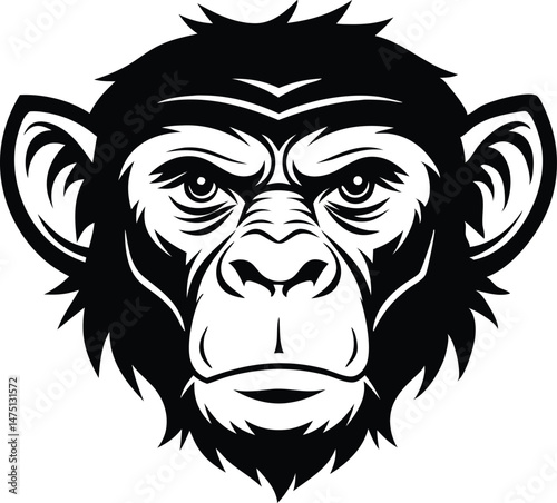 High detail silhouette black vector icon of animal character a Chimpanzee head with smooth edges
