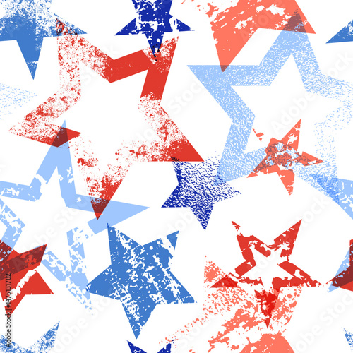Red and blue stars with painted grunge texture. USA flag vector seamless pattern. American national holiday background