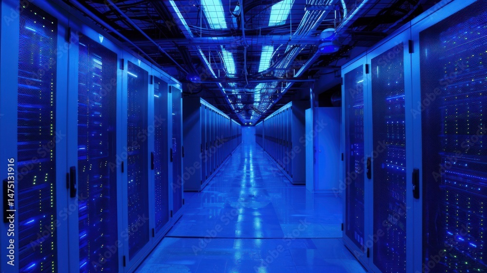 Fototapeta premium Server room hallway of data storage center technology on the blue theme. AI generated image