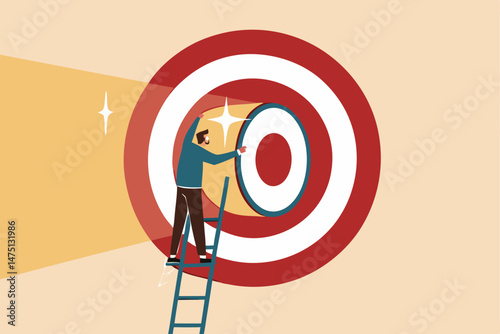 Secret to be success, business strategy to reach target or goal, objective or career challenge concept, businessman climbing up ladder to big dartboard or archery target and opening bullseye door.
