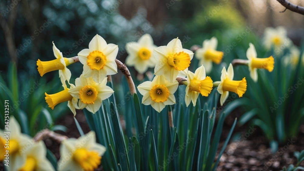 Obraz premium Daffodil flower in early spring with yellow blooms