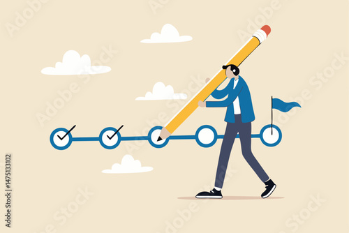 Project tracking, goal tracker, task completion or checklist to remind project progress concept, businessman project manager holding big pencil to check completed tasks in project management timeline.