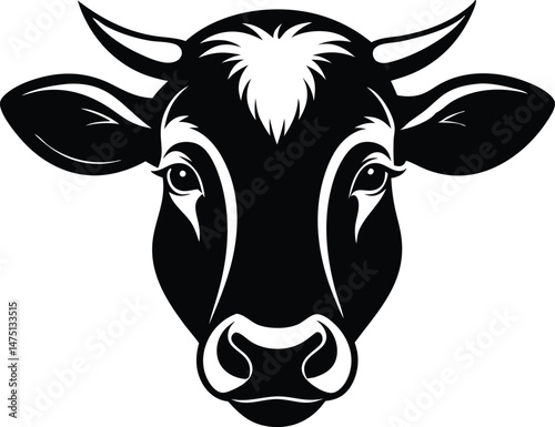 High detail silhouette black vector icon of animal character a cow head with smooth edges