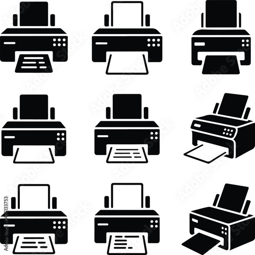 Printer Silhouette Set | Office Equipment Vector Icons Black Printer Icons | Print, Copy & Scan Silhouette Pack