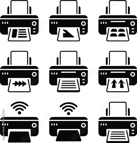 Printer Silhouette Set | Office Equipment Vector Icons Black Printer Icons | Print, Copy & Scan Silhouette Pack