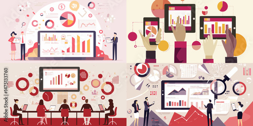 Data Visualization and Analysis: A collage of digital screens displaying vibrant data charts, representing insights and analysis, with the goal to illustrate the power of information and knowledge
