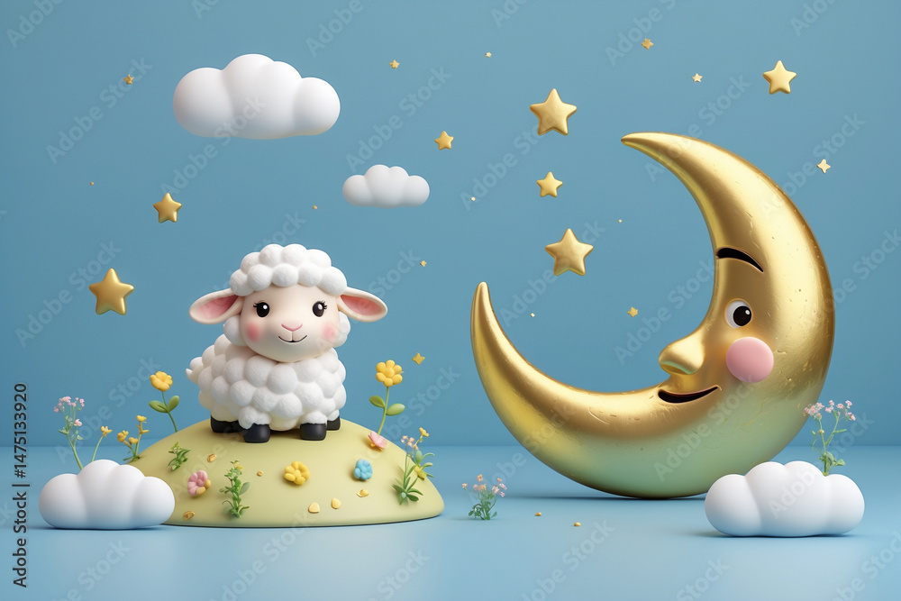 Obraz premium Adorable 3D Render of a Lamb and Golden Crescent Moon Under a Starry Night Sky
