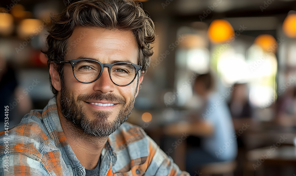 Close-up portrait of a smiling man with wavy brown hair and beard, wearing glasses and a plaid shirt, sitting in a cafe Close-up portrait of a smiling man with wavy brown hair and beard, wearing glasses and a plaid shirt, sitting in a cafe