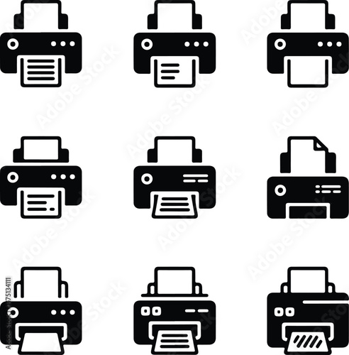 Printer Silhouette Set | Office Equipment Vector Icons Black Printer Icons | Print, Copy & Scan Silhouette Pack