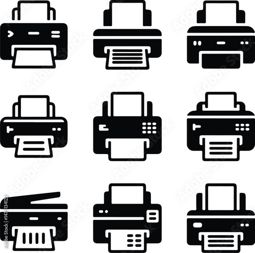 Printer Silhouette Set | Office Equipment Vector Icons Black Printer Icons | Print, Copy & Scan Silhouette Pack