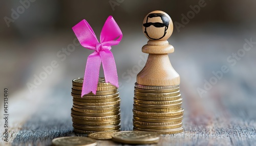 Pink ribbon and coins representing financial disparity.