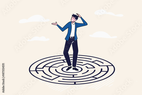 Solving complex business problem, difficulty or challenge to overcome to achieve success or business direction concept, confused businessman in the middle of maze labyrinth finding exit or the way out