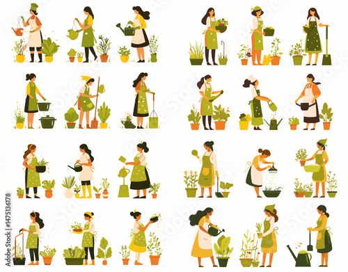 Gardening Woman in Bloom: A vibrant illustration showcases various women engaged in gardening activities, tending to an array of plants and herbs with care and dedication.