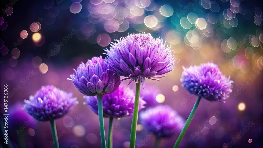 Fototapeta premium Purple Chive Blossom Bouquet, Bokeh Photography, Macro Flowers, Spring Bloom, Edible Flowers, Culinary Herbs