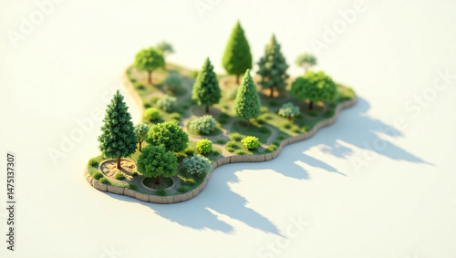 A miniature garden scene with lush trees and vibrant greenery, creating a tranquil landscape