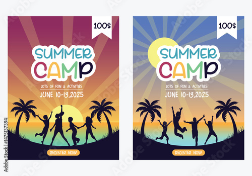 Summer camp clipart template set. Summer camp invitation card clip art design for holiday fun activities flyers and poster collection vector illustration