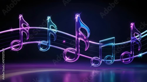 Luminous musical notes dancing over radiant staff, generating dynamic electronic music visualization.