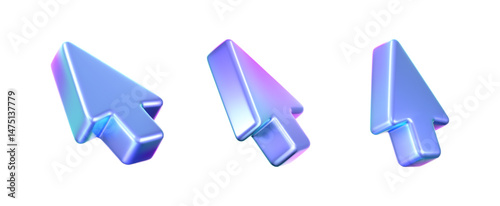 3D holographic arrow cursor icon set with a neon gradient, isolated on a white background. Render of iridescent arrow for interfaces, tech navigation, mouse clicks, location search. 3d vector icon