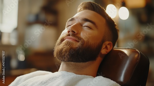 Relaxed man with a beard resting in a barbershop chair.