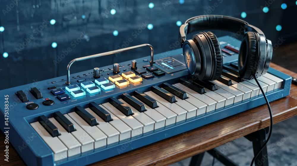 Professional headphones resting on blue digital synthesizer keyboard, illuminated by vibrant lighting, representing modern music production workspace.