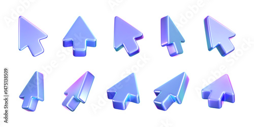 3D holographic arrow cursor icon set with a neon gradient, isolated on a dark background. Render of iridescent arrow for interfaces, tech navigation, mouse clicks, location search. 3d vector icon