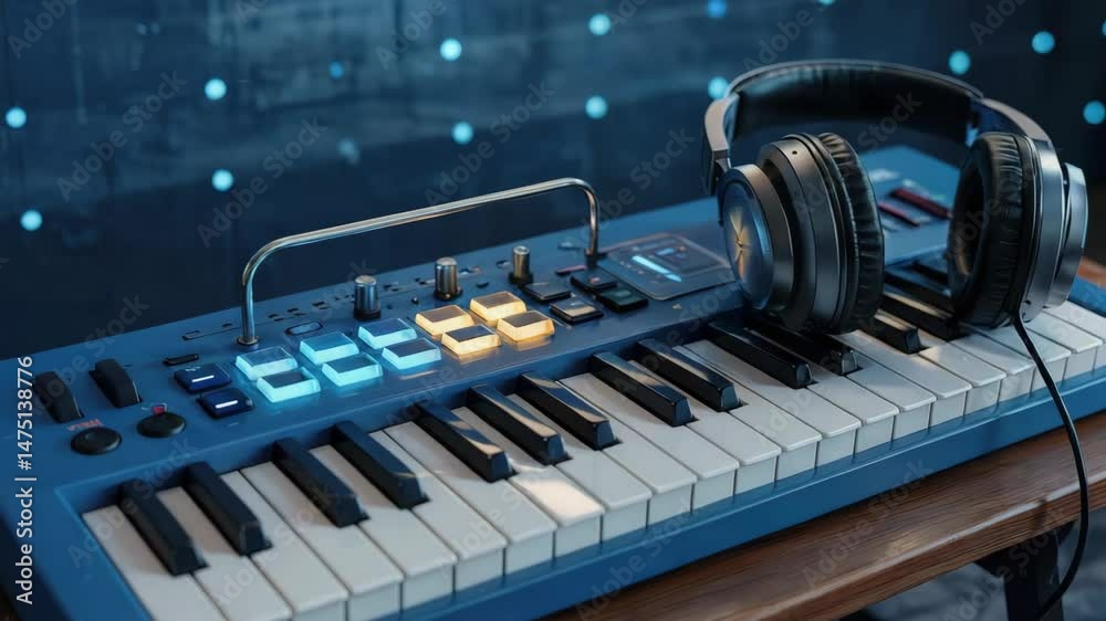 Professional headphones resting on blue digital synthesizer keyboard, illuminated by vibrant lighting, representing modern music production workspace.