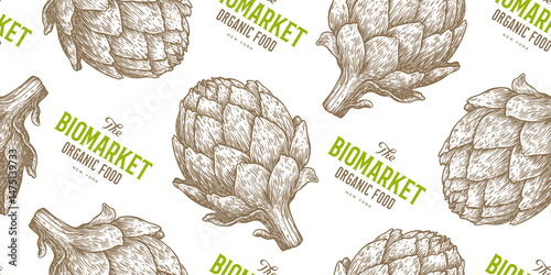 Artichoke, vegetable. Seamless pattern background. Tag, label, sign, artichoke drawing, sketch ink pencil draw, seamless pattern background. Seamless pattern paper background. Vector Illustration