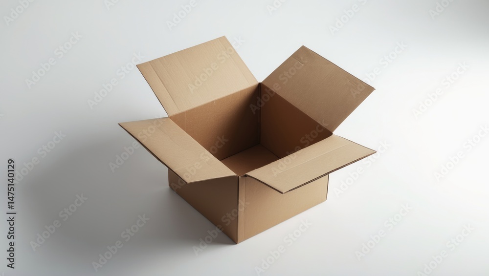 Horizontal view of an open cardboard box against white background Horizontal view of an open cardboard box against white background