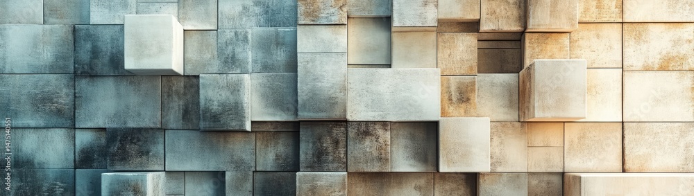 Abstract Cubist Wall Texture. Stacked, varied-toned square blocks form a textured wall. Shades of muted blue-gray and beige-tan create depth and visual interest Abstract Cubist Wall Texture. Stacked, varied-toned square blocks form a textured wall. Shades of muted blue-gray and beige-tan create depth and visual interest