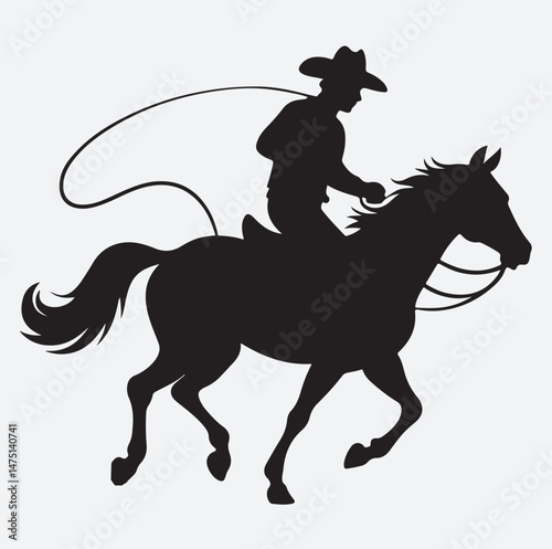 cowboy on galloping horse holding reins silhouette vector art illustration