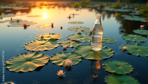 A bottle of water elegantly placed atop a lily pad in a serene lake, with a beautiful sunset in the background. The scene captures the essence of natural beauty and freshness.