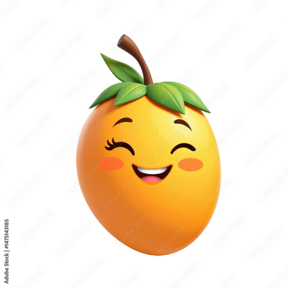 Fototapeta premium Happy Cartoon Mango with Rosy Cheeks and Green Leaves on White Background