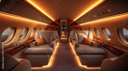Luxurious private jet interior featuring warm lighting and plush seating