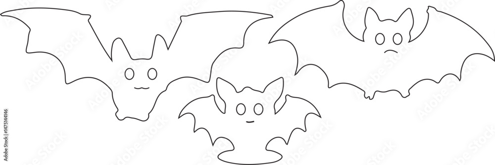 Fototapeta premium Cute Bat Outline Clipart – Halloween Cartoon Style Flying Bats.
