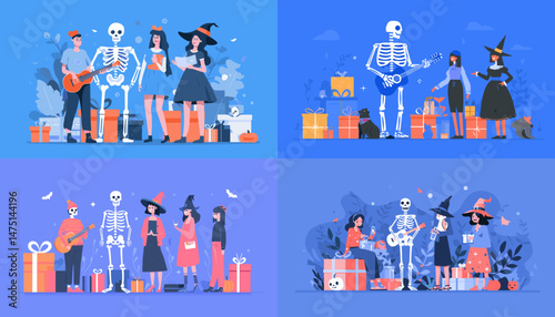 Halloween Gift: An enchanting composite art with Halloween elements, featuring a playful skeleton, witches, and presents, perfectly encapsulating the spirit of spooky festivities.